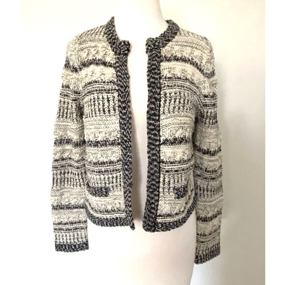 Chico's Cream & Black Open Cropped Knit Sweater Cardigan with Faux Pockets 0 (S) - Picture 1 of 9
